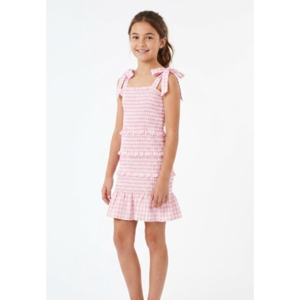Katie J NYC Girls dress Large pink white gingham Tie Strap check pattern